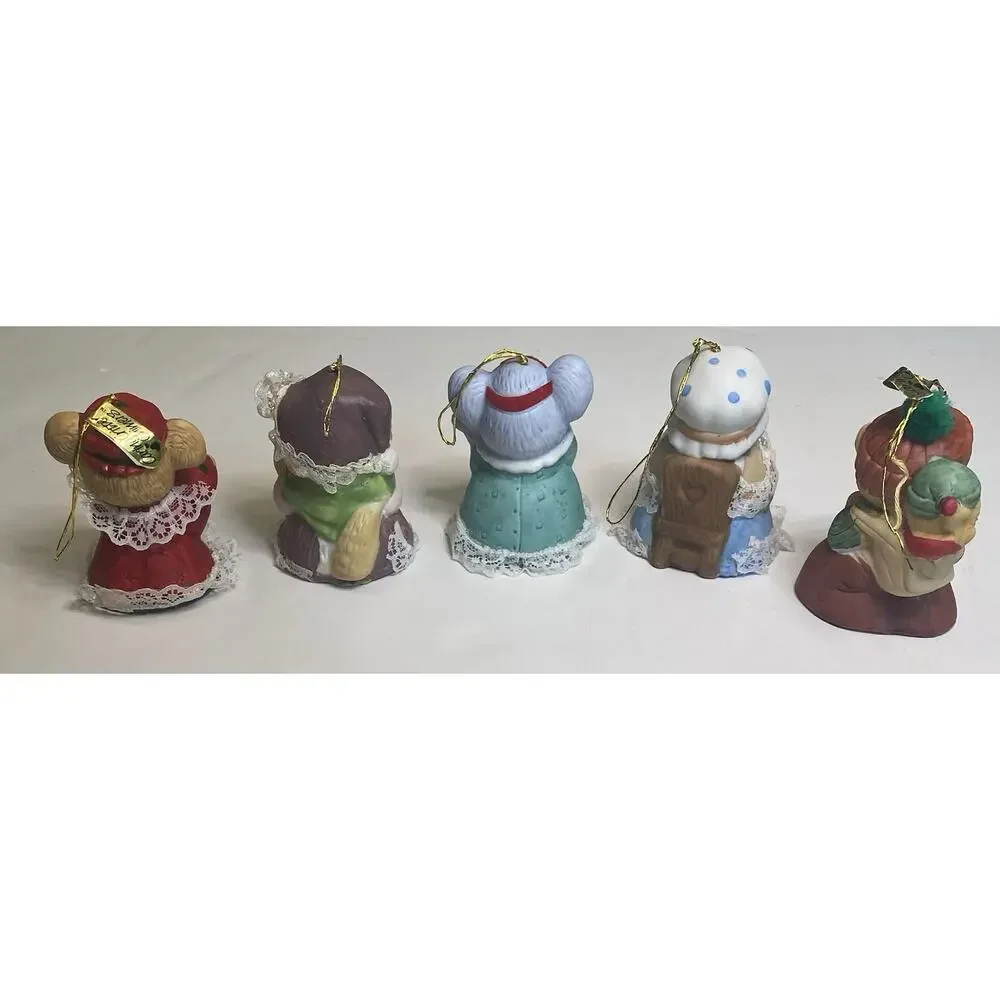 JASCO CARING CRITTER CHIMERS (5) Bisque Porcelain Bell Hand Painted Ornament VTG